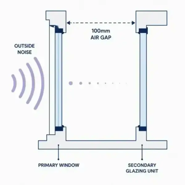 Diagram showing how a 100mm air gap blocks sound