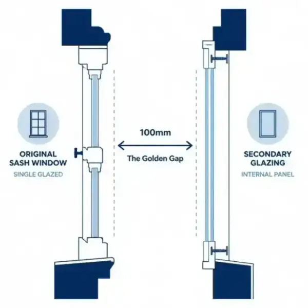 A minimalist diagram showing the 100mm Golden Gap between primary and secondary glazing