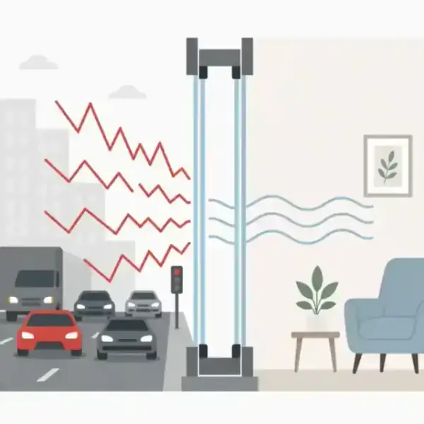 Minimalist flat illustration of sound waves passing through glass, showing red waves turning into soft blue waves