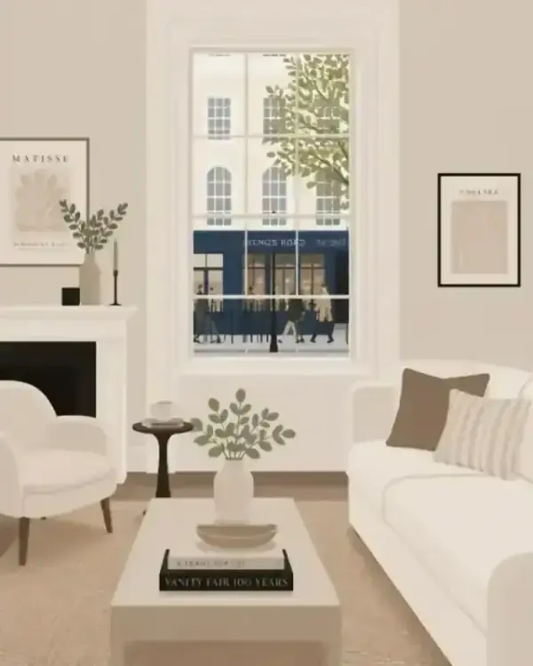 Minimalist flat illustration of a peaceful, cozy Chelsea living room sanctuary