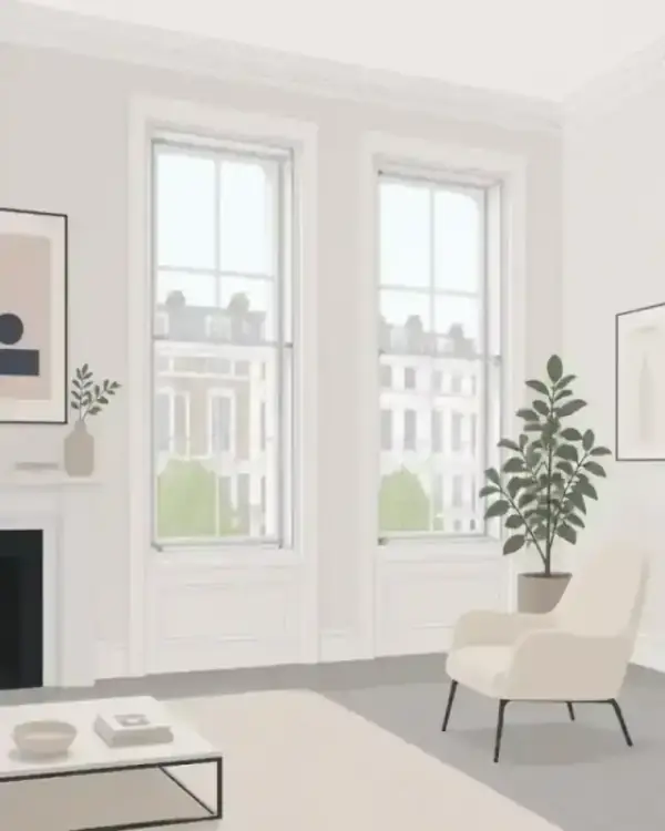 Minimalist flat illustration of an elegant interior living room in a London mansion block with tall sash windows
