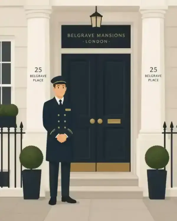 Minimalist flat illustration of a friendly building porter at the grand entrance of a historic London mansion block