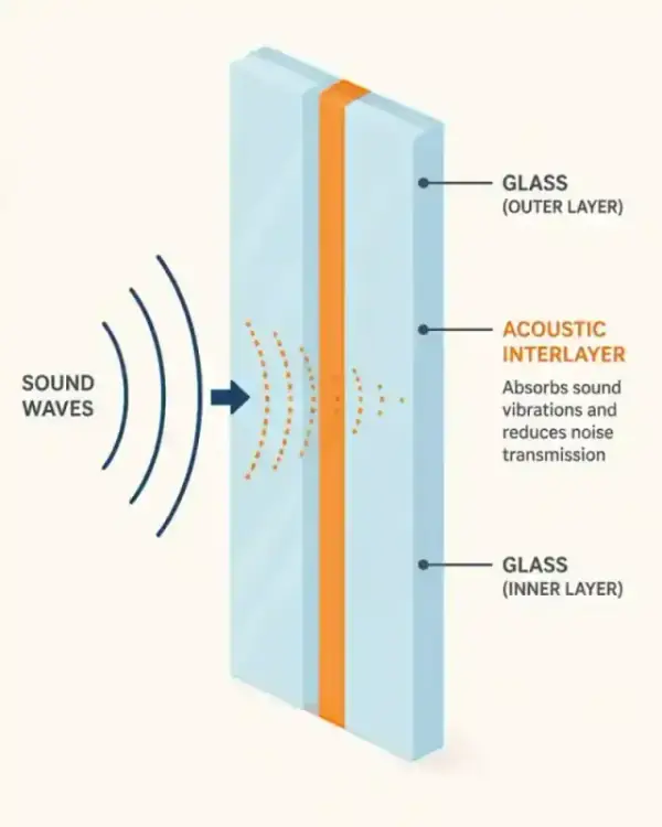 A minimalist illustration showing a close-up of acoustic laminated glass with a PVB interlayer
