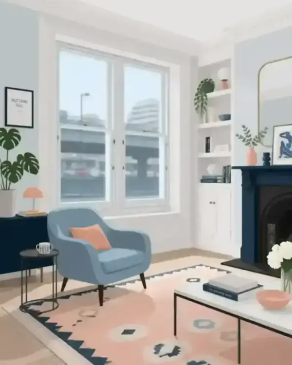 Minimalist illustration of a quiet Victorian living room in Notting Hill with secondary glazing installed, overlooking a blurred city road.