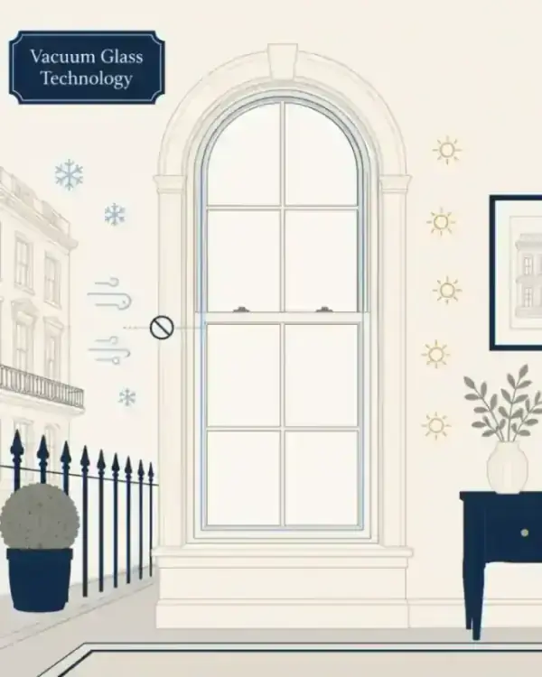 A grand arched sash window in Belgravia with ultra-slim secondary glazing and 'Vacuum Glass Technology' tag.