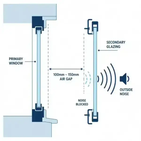 Technical diagram showing how a 100mm-150mm air gap blocks sound waves.