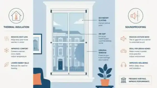 A minimalist illustration showing a sash window cross-section blocking city noise waves
