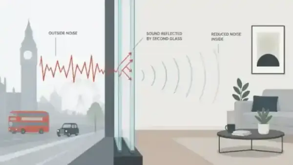 Minimalist flat illustration of sound waves hitting a window and being reflected by a second layer of glass