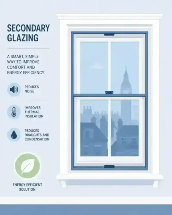 Minimalist flat illustration of a vertical sliding secondary glazing unit
