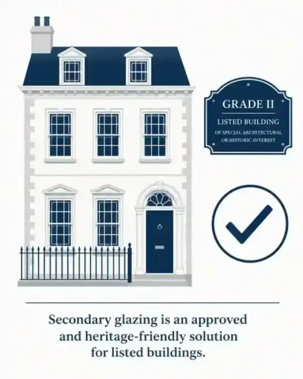 Minimalist illustration of a heritage building and a reversible window upgrade