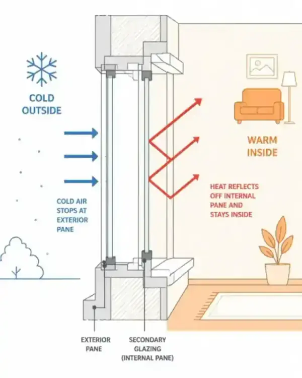 Illustration showing heat retention with secondary glazing