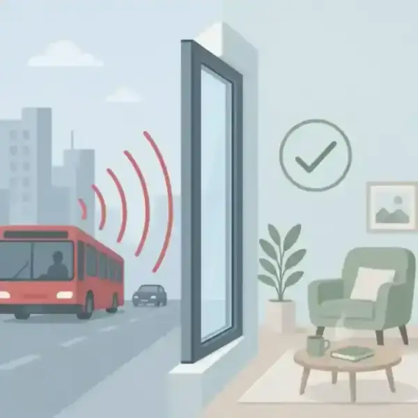 Minimalist illustration showing noise reduction from city traffic into a quiet home
