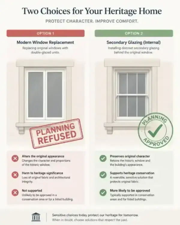 Comparison showing planning approval for secondary glazing vs refusal for full replacement
