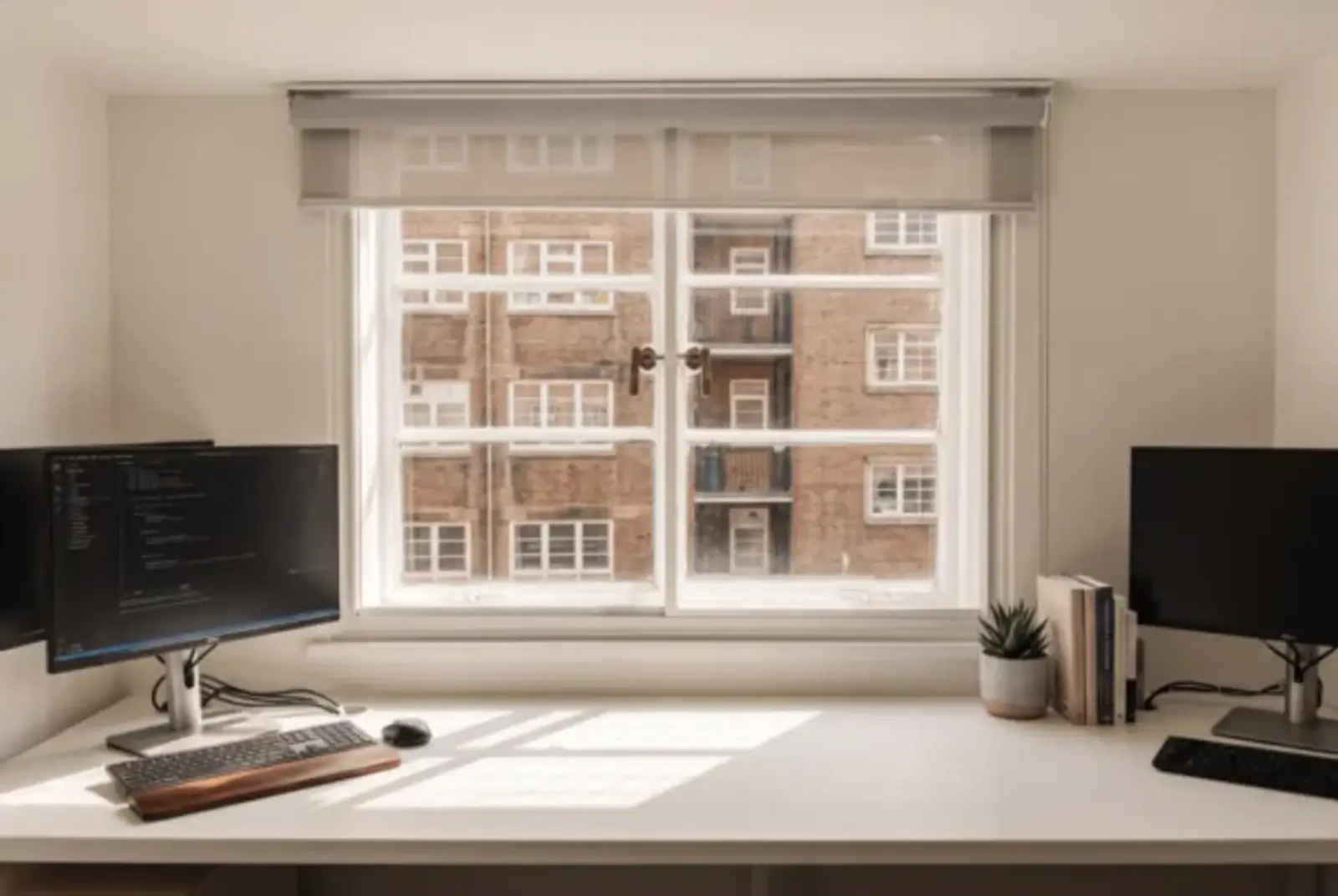 Bright home office with a secondary glazed sash window, desk and brick apartment view