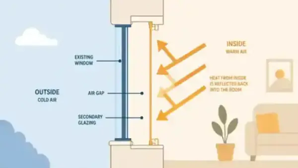 Minimalist illustration showing heat being reflected back into a room by a secondary glazing layer
