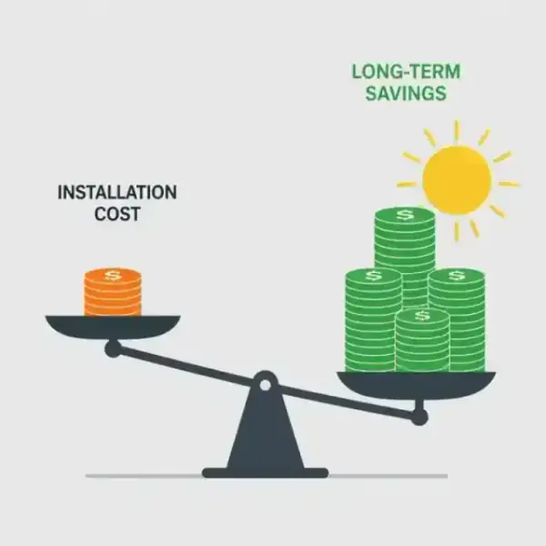 Minimalist illustration of a scale comparing lower costs with higher long-term savings