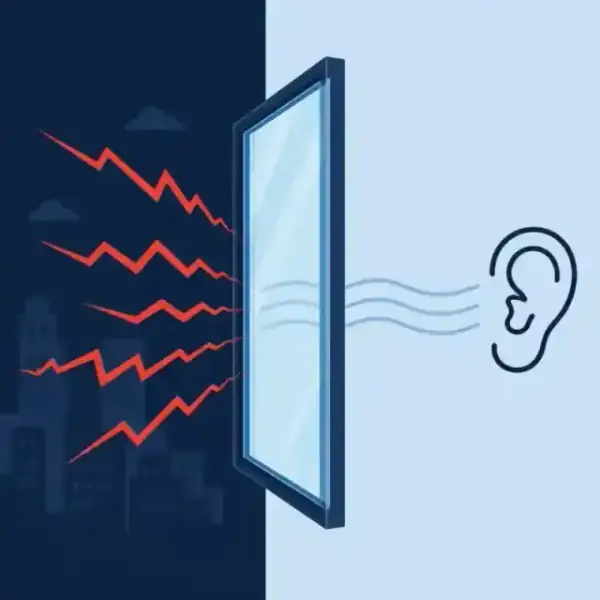Image 2: A minimalist flat illustration of a window pane stopping loud red zigzag sound waves and turning them into soft blue waves.
