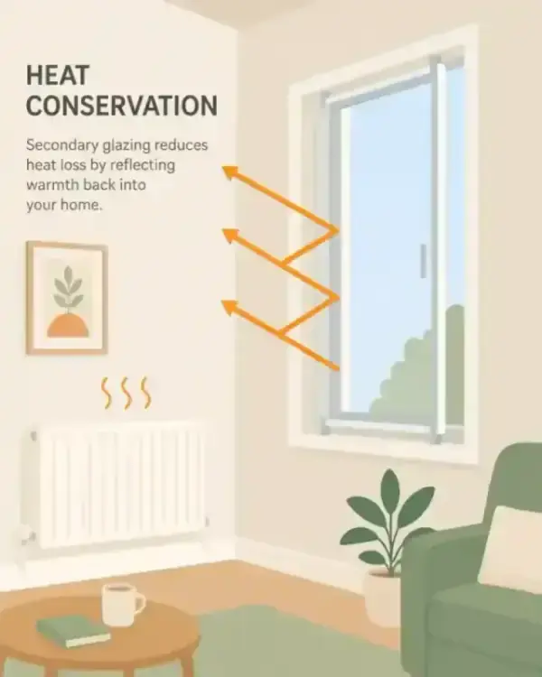 Illustration showing heat being reflected back into a room by secondary glazing