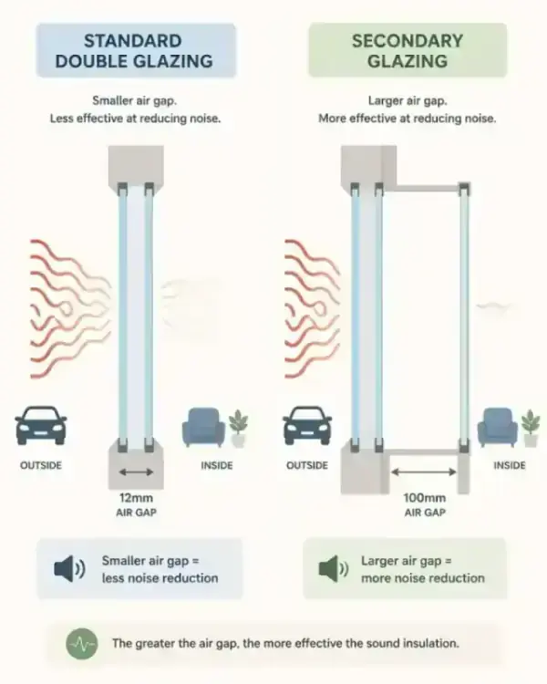Minimalist flat illustration comparing the air gap in double glazing versus secondary glazing
