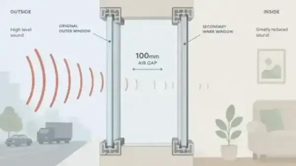 Minimalist illustration of an original window and secondary glazing with a large, sound-dampening air gap