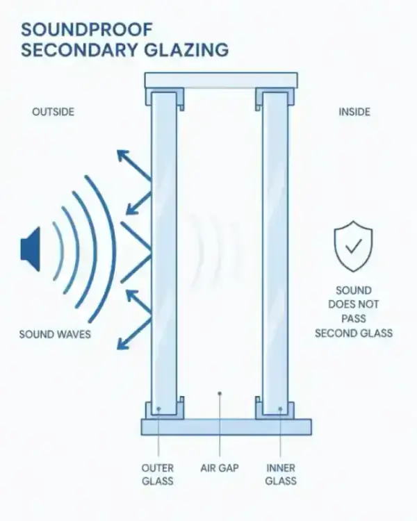 A minimalist flat illustration showing a cross-section of soundproof secondary glazing. There are two layers of glass with an air gap between them. Sound waves are shown bouncing off the outer glass.