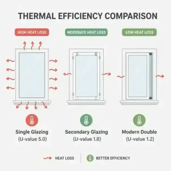 Infographic comparing U-values of single glazing, secondary glazing, and modern double glazing