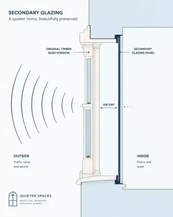 A minimalist flat illustration showing a cross-section of a window with secondary glazing