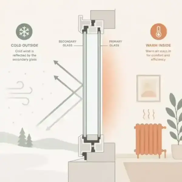 Minimalist flat illustration of thermal efficiency showing a warm interior and cold wind being blocked